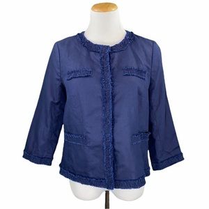 Talbots Blazer Navy Blue Linen Blend Crop Snap Button Fringe Blazer Jacket 12P
